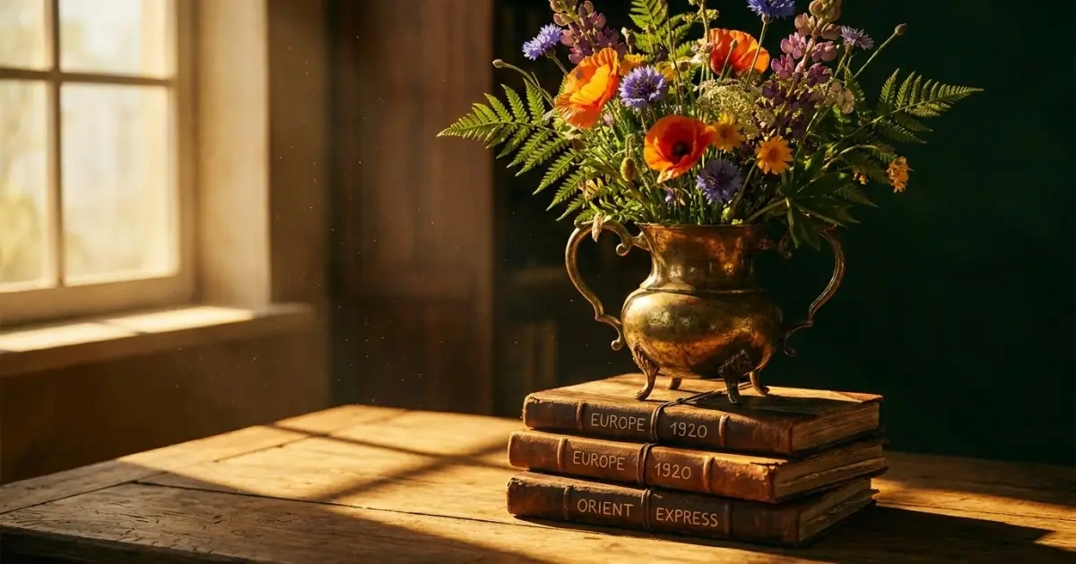 Vibrant wildflowers in an antique brass vase on top of vintage travel journals