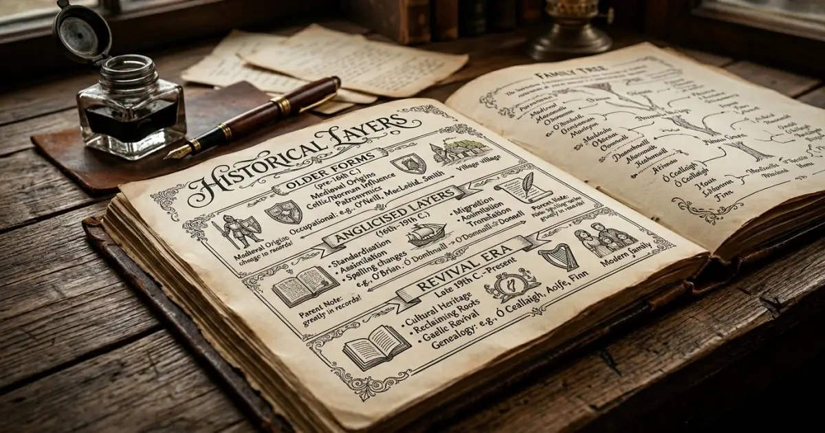 A historical family journal infographic detailing the layers of Irish naming history.