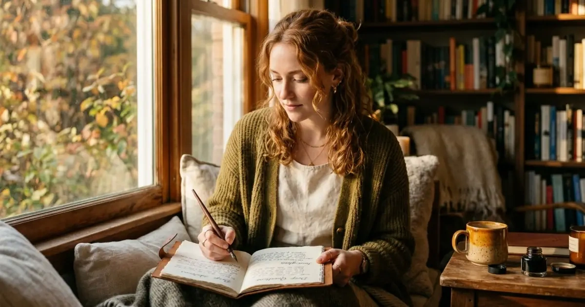 A young woman writing in her journal in a cozy sunlit room, reflecting on Irish names.