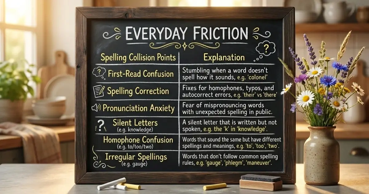 A cozy family chalkboard infographic showing everyday friction caused by Irish names pronunciation and spelling.