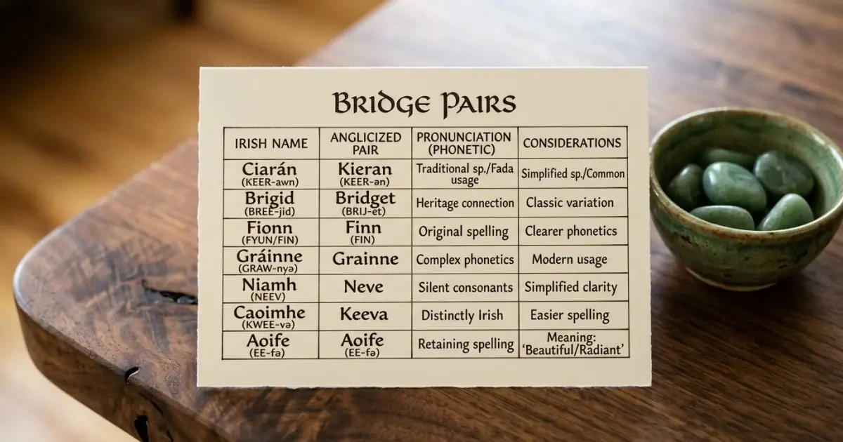 A matte card infographic demonstrating bridge pairs for Irish names that work outside Ireland.