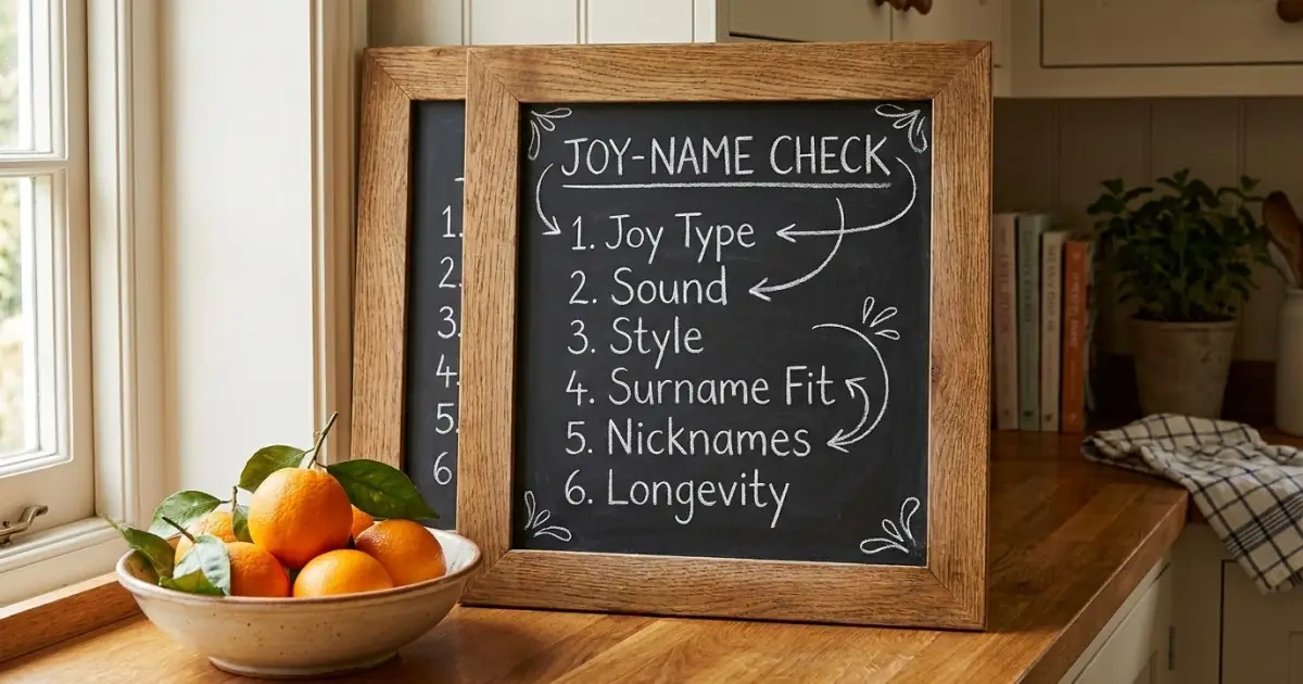 A cozy kitchen chalkboard detailing a practical checklist for choosing names that mean joy.