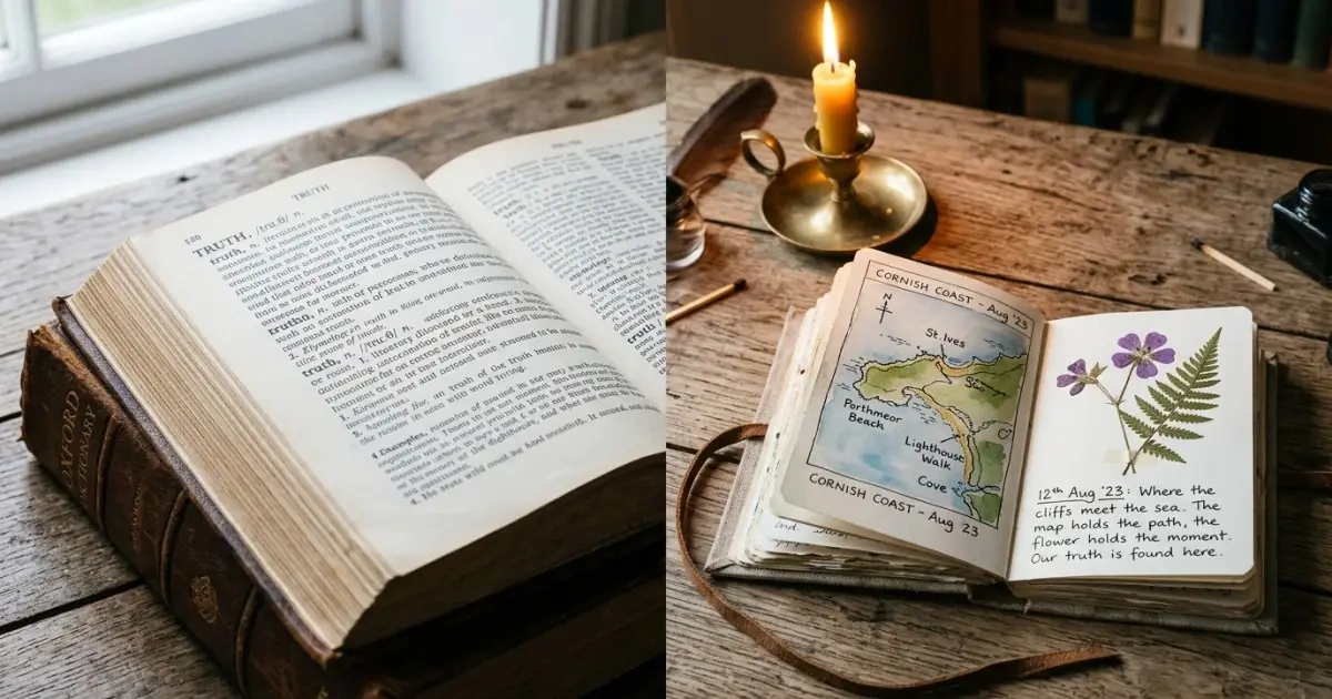 A vintage dictionary beside a personal diary with a pressed flower, showing different naming truths.