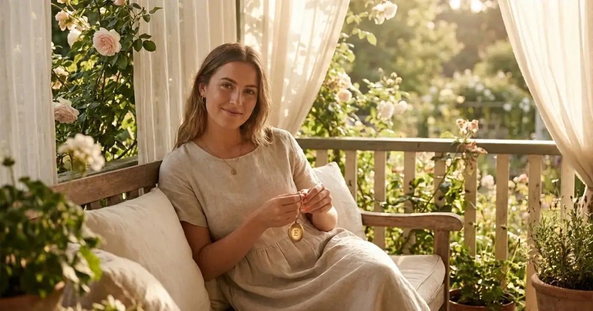 A woman holding a vintage initial locket reflecting on name choices