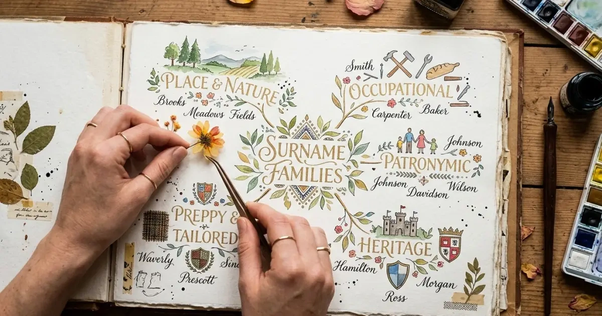 Artistic mindmap infographic of the main surname-style families for baby names