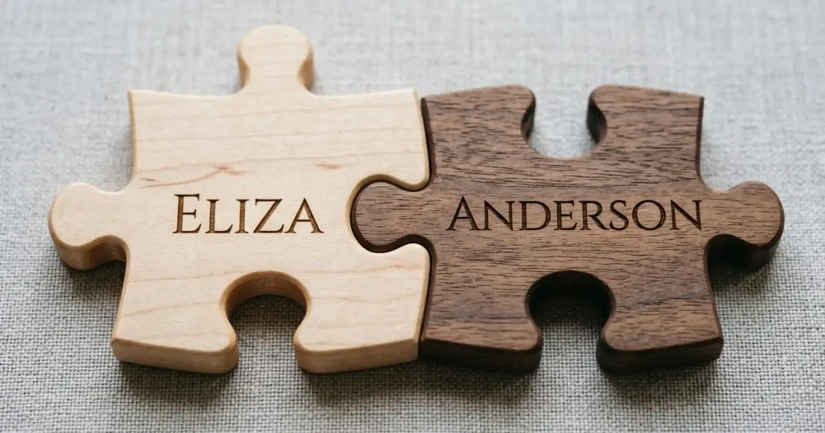 Interlocking wooden puzzle pieces representing the perfect flow between a first name and surname.