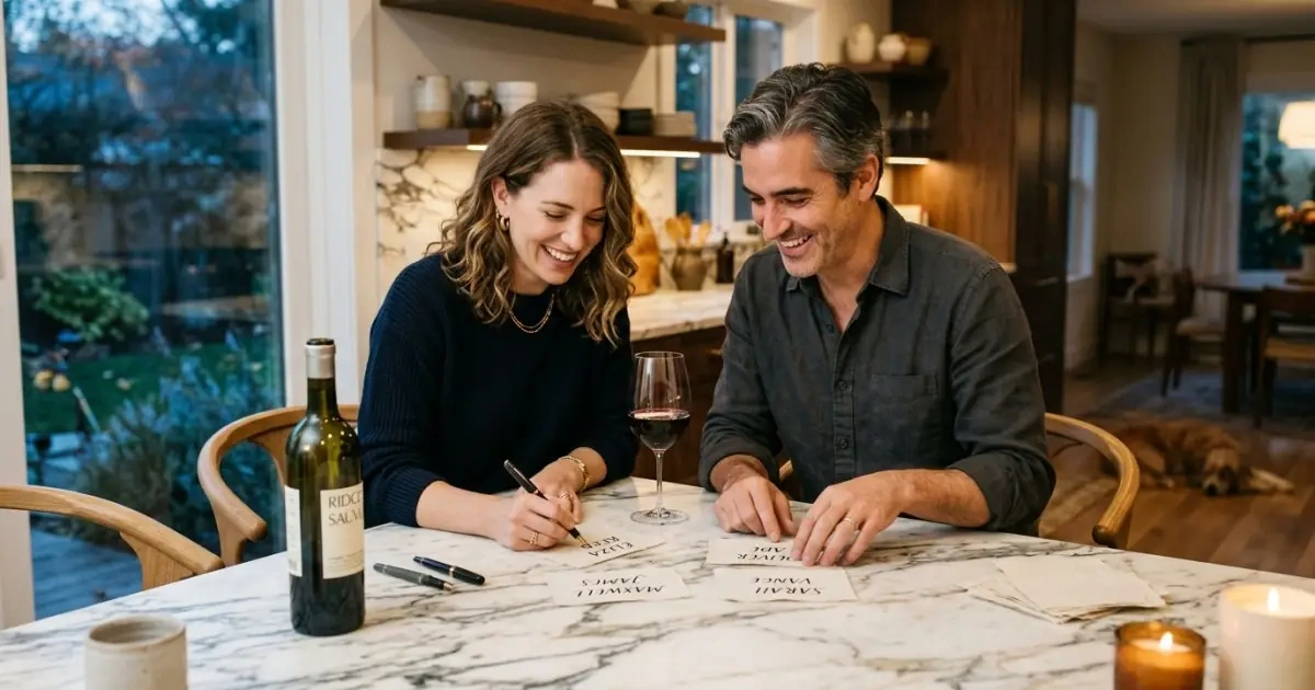 A couple arranging name cards on a counter to test surname flow and rhythm.