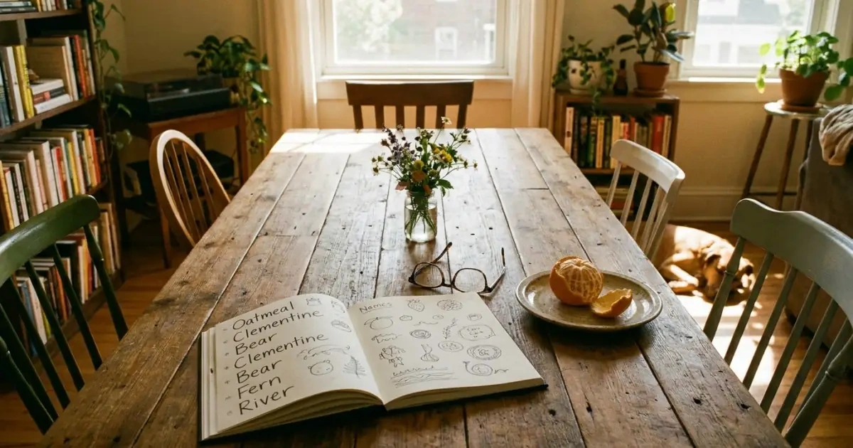 A rustic dining table with handwritten notes representing matching royal baby names to real life.