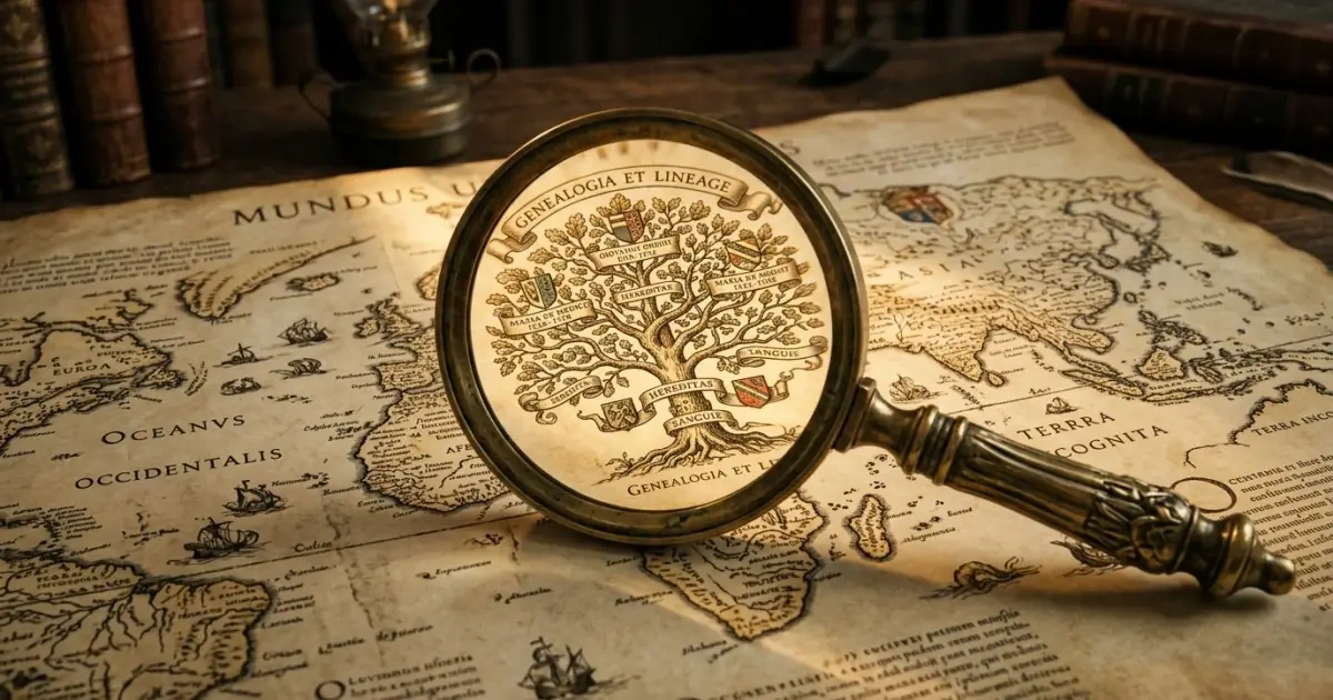 A magnifying glass focusing on a family tree on an ancient map, representing name origins.