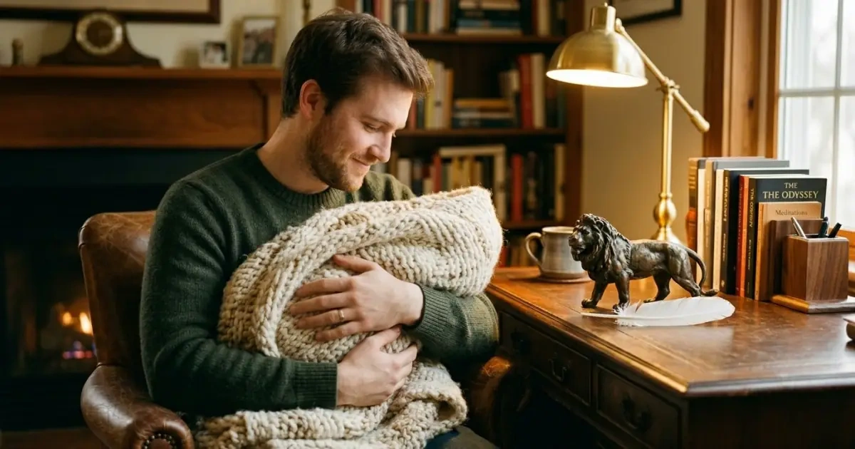 A young father in a warm study next to a bronze lion sculpture and a soft white feather.
