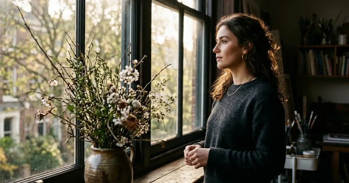 A confident young woman looking out a window next to a vase of resilient wild blossoms.