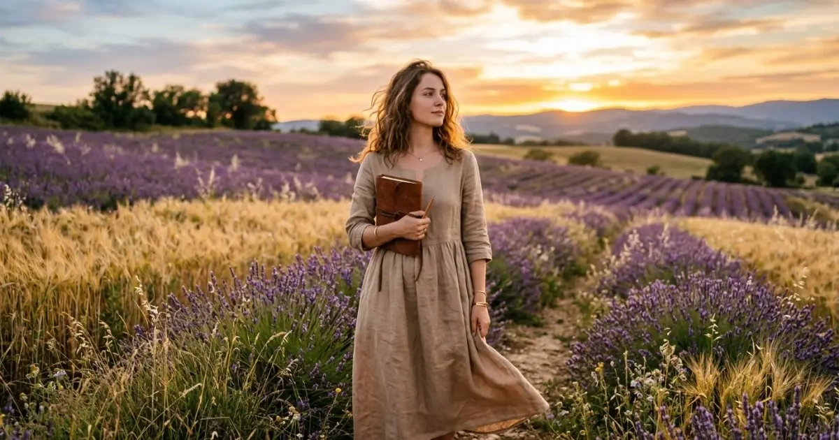 A young woman standing gracefully in a lavender field symbolizing elegant feminine strength