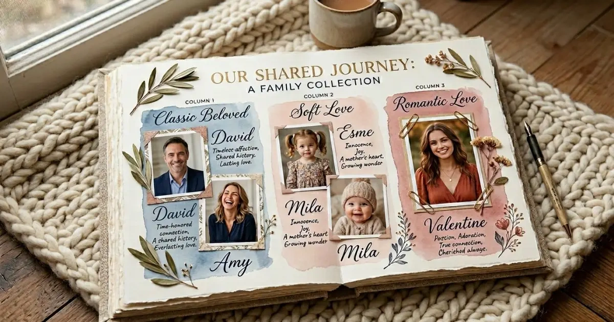 A watercolor scrapbook page infographic organizing meaningful baby names into distinct style families