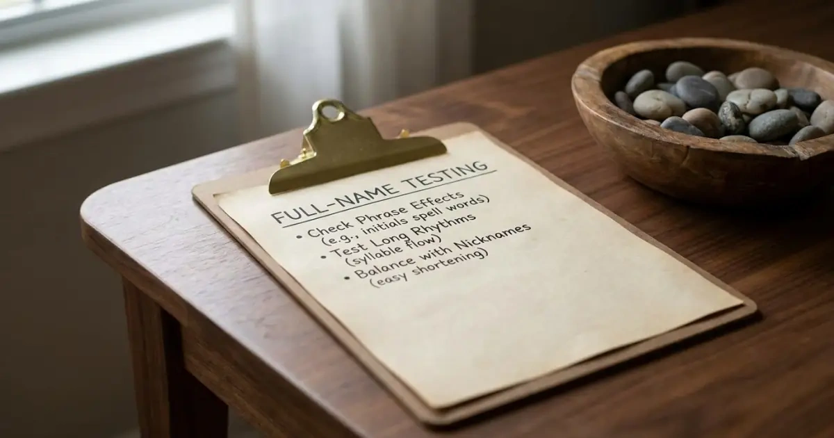A warm clipboard infographic displaying tips for matching meaningful baby names with surnames