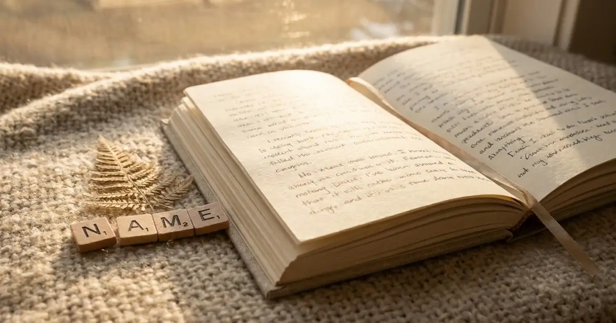 An open notebook and letter tiles representing common questions about meaningful middle names.