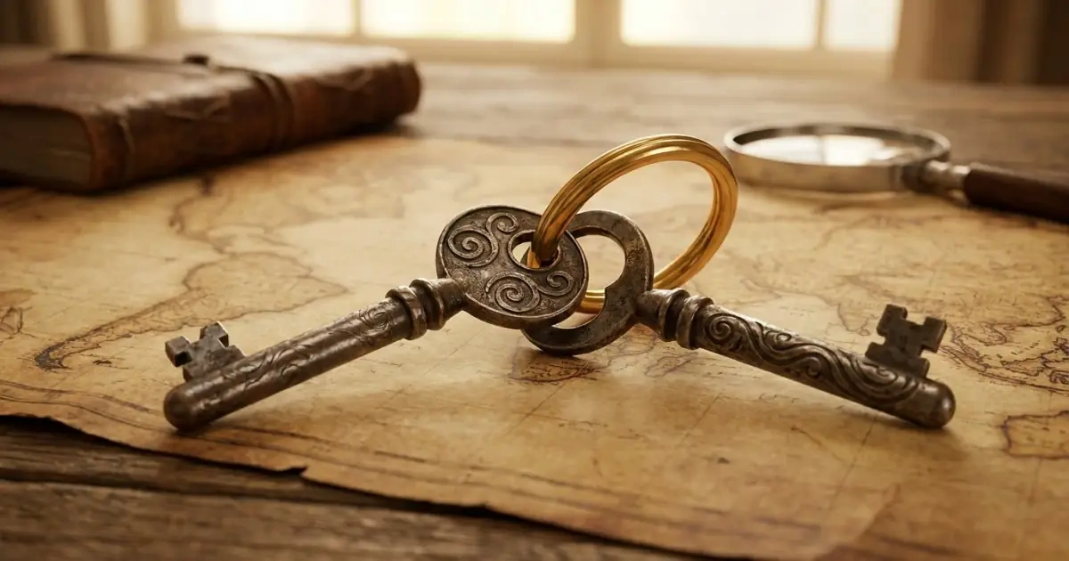 Two antique keys joined on a map representing multicultural and meaningful middle names.