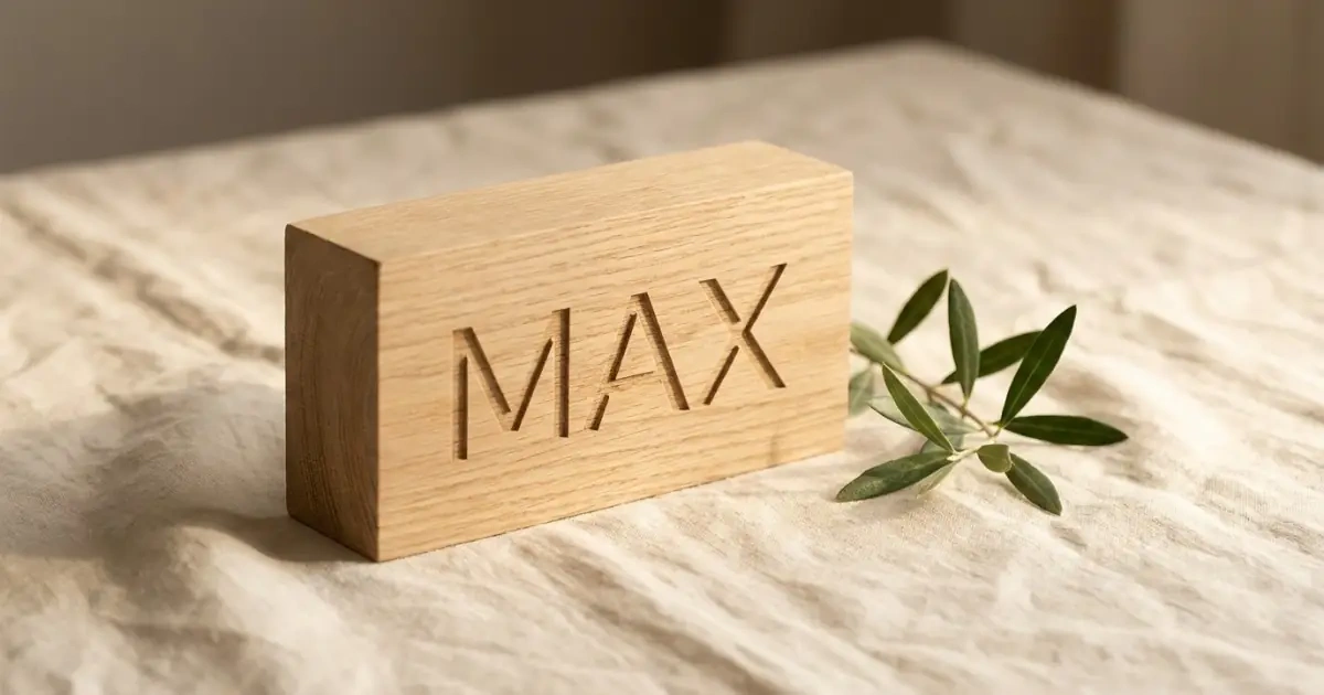 A single engraved wooden block showing a minimalist but warm baby name.