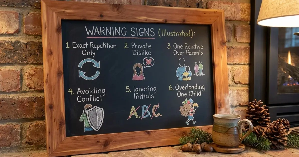 A rustic chalkboard displaying a list of mistakes to avoid when using family names