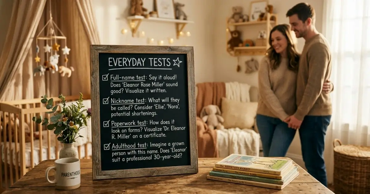 A nursery chalkboard infographic showing everyday usability tests for French baby names.