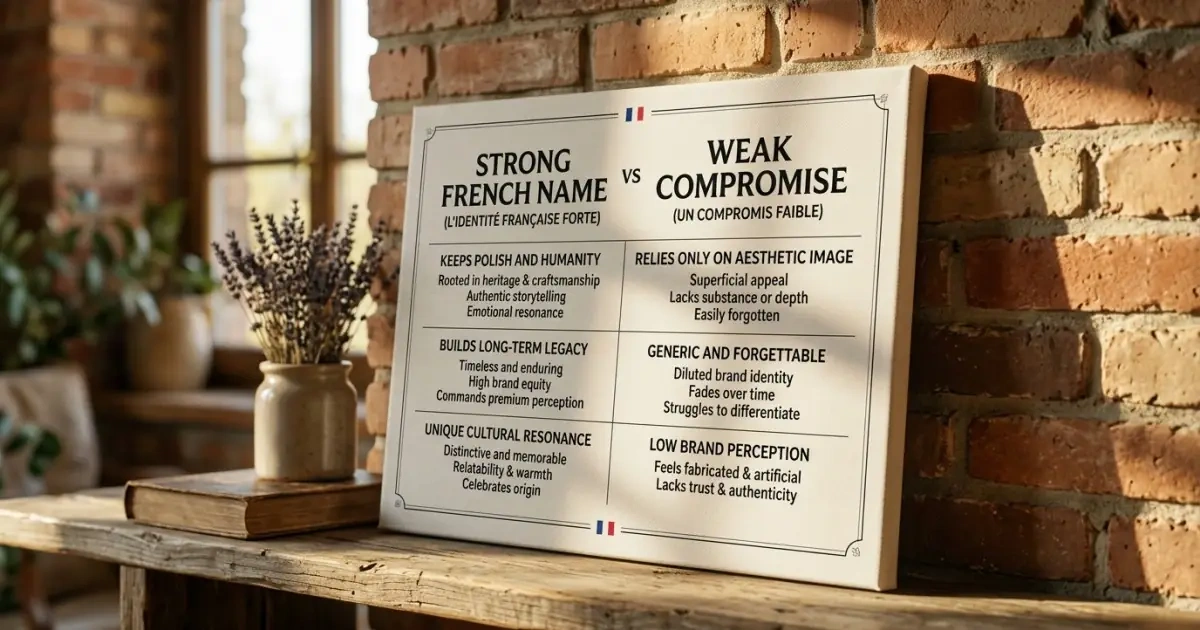 A canvas infographic comparing a strong, believable French name with a weak compromise.