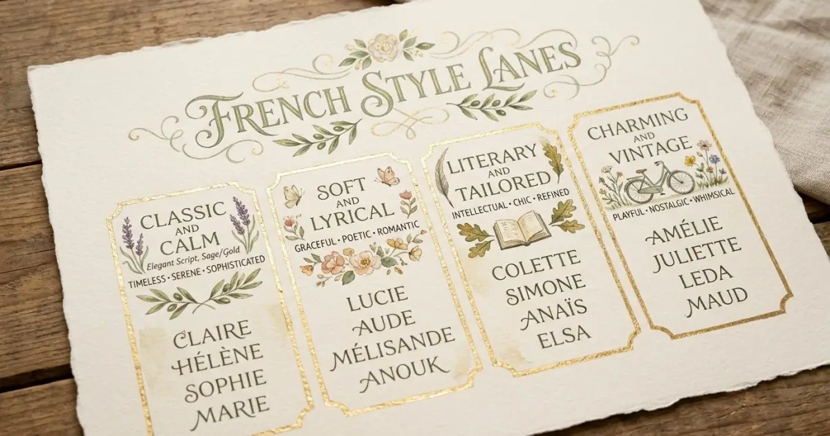 An elegant watercolor infographic classifying different style lanes for modern French baby names.