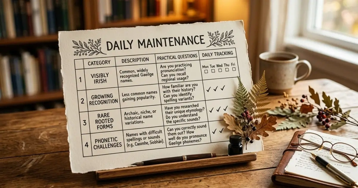 A paper chart infographic analyzing daily maintenance questions for modern Irish baby names.