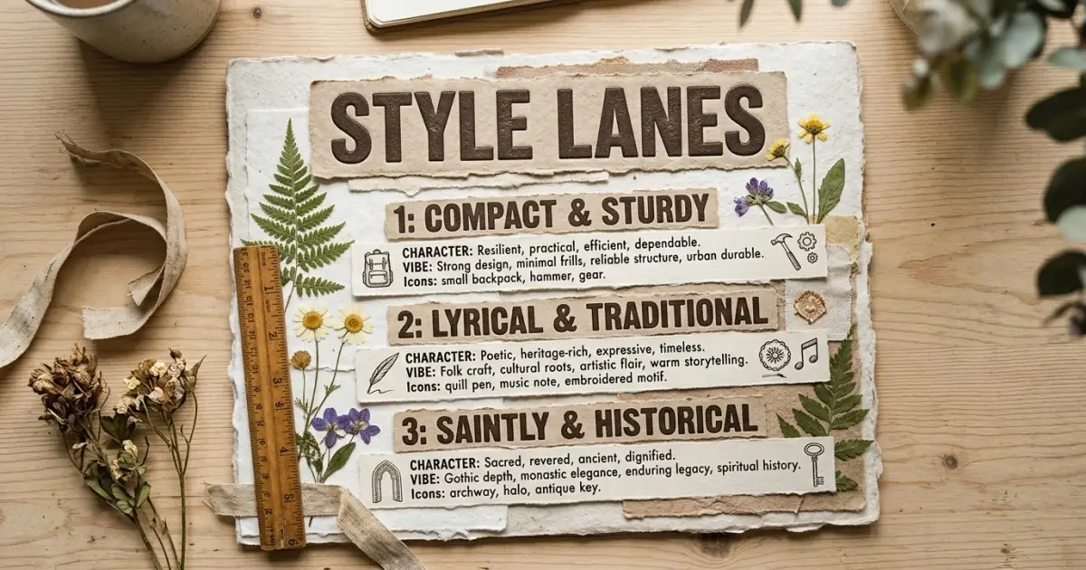 An artistic collage infographic categorizing Irish baby names by different style lanes.