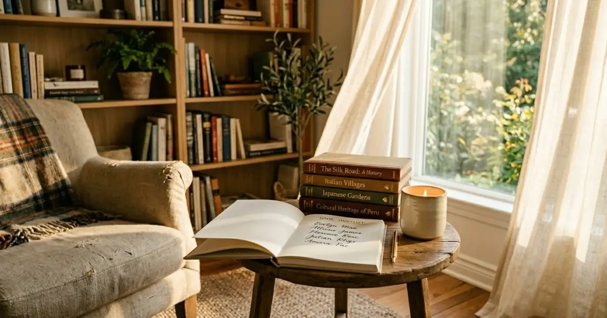 A peaceful home library setting illustrating next steps for finalizing modern Spanish baby names