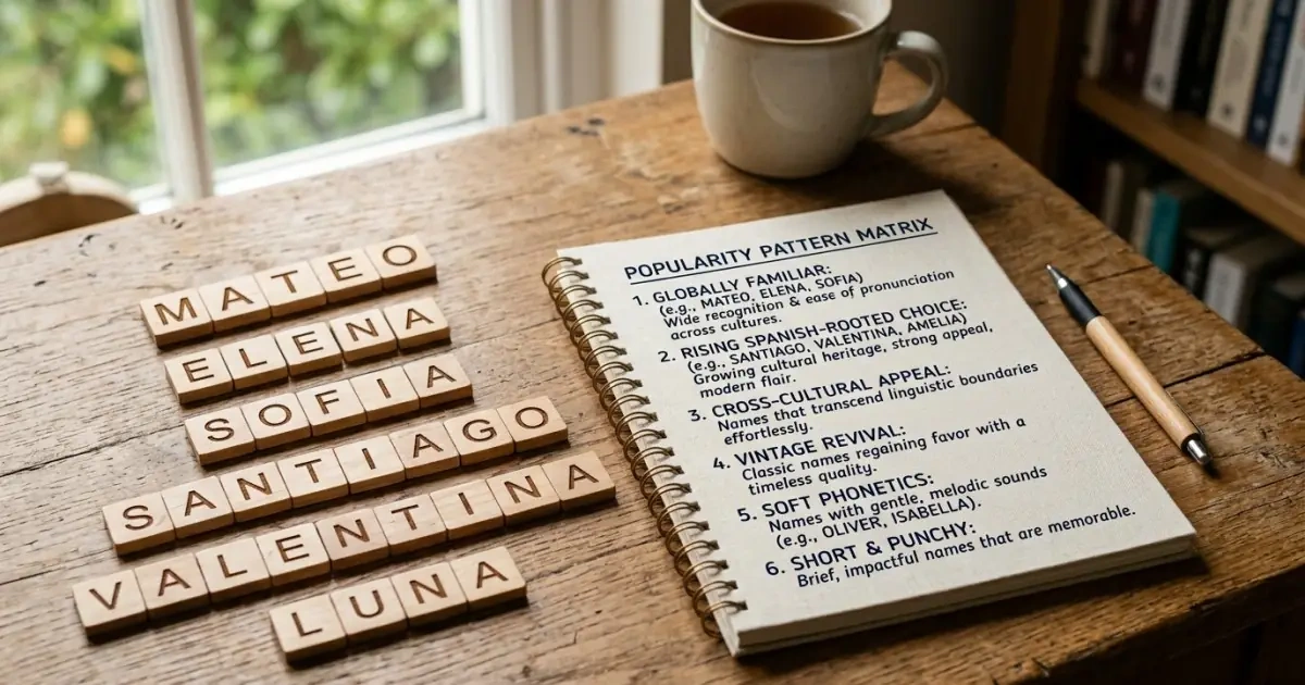 A wooden tile and notepad infographic evaluating popularity patterns of modern Spanish baby names