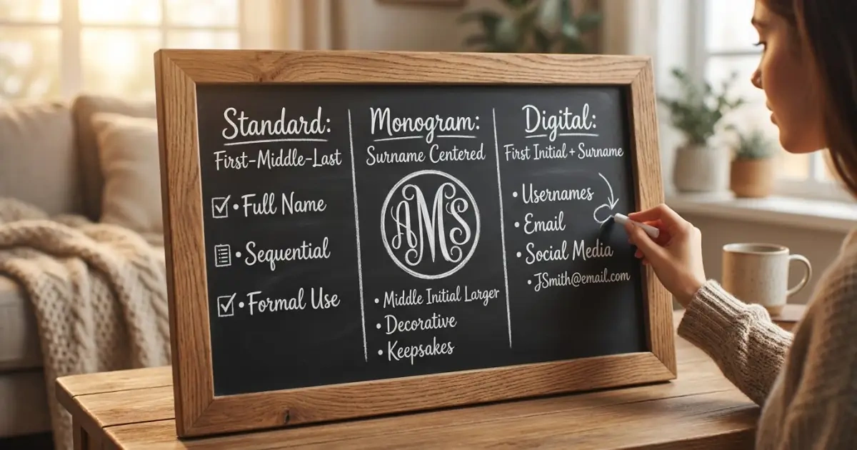 An infographic chalkboard comparing standard initials, monogram initials, and digital formats