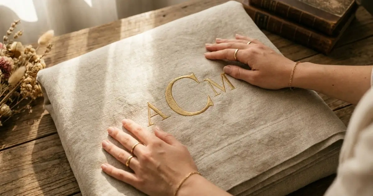 An elegant gold monogram initials embroidery on a luxury linen blanket