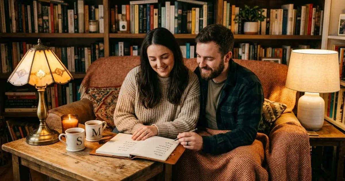 A young couple exploring multilingual baby naming options within their personal cultural context.