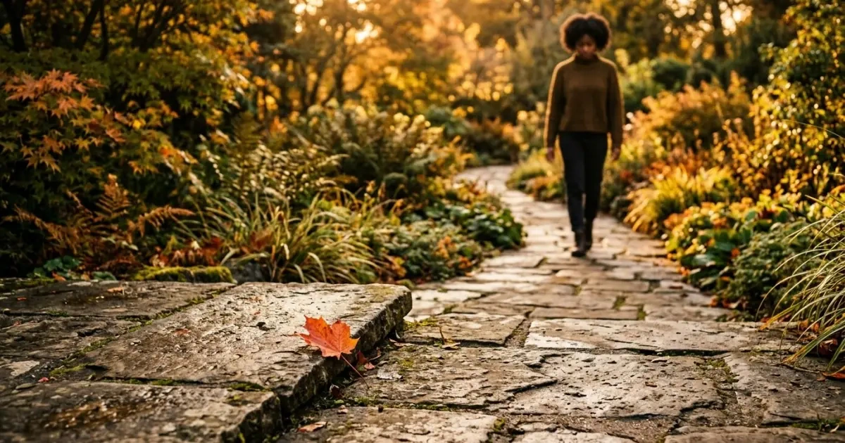 A thoughtful garden path scene symbolizing the careful navigation of multilingual baby naming mistakes.