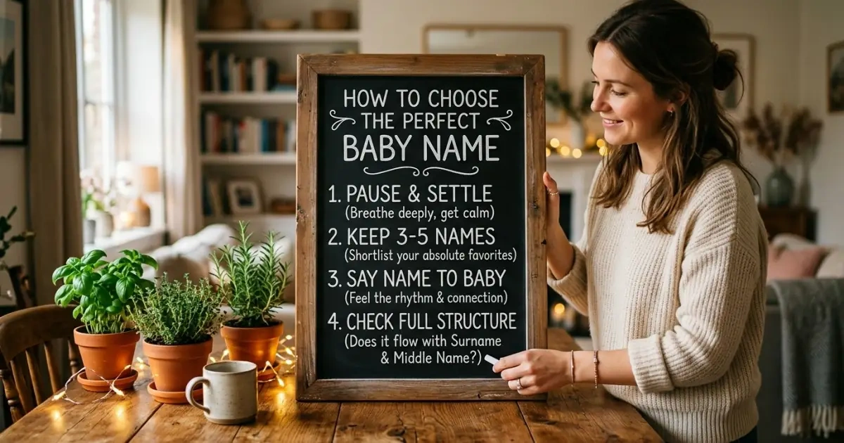 A cozy wooden chalkboard displaying a hand-drawn seven-step naming framework in a warm room