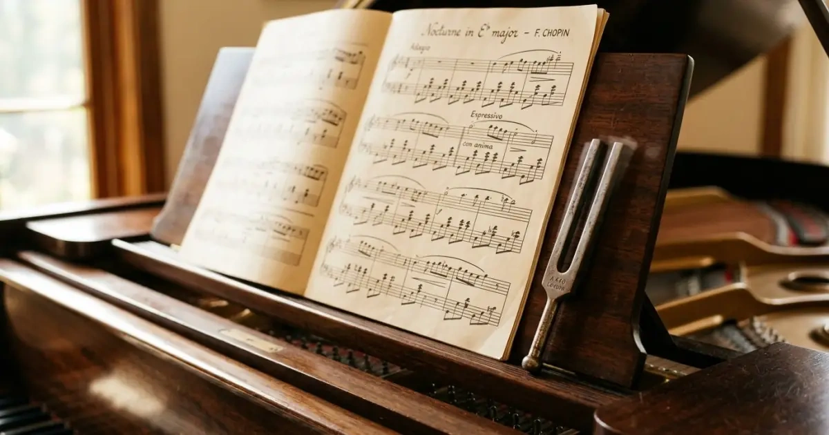 A vintage tuning fork vibrating next to sheet music on a sunlit wooden piano stand.