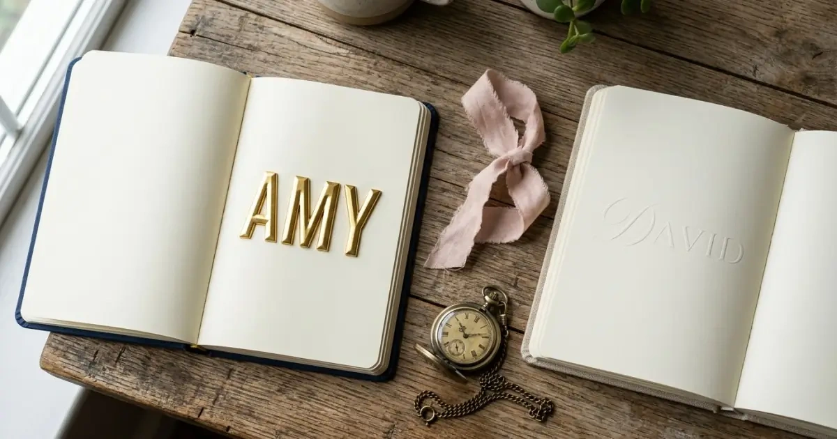 Two open notebooks showcasing direct and subtle names meaning beloved in elegant text