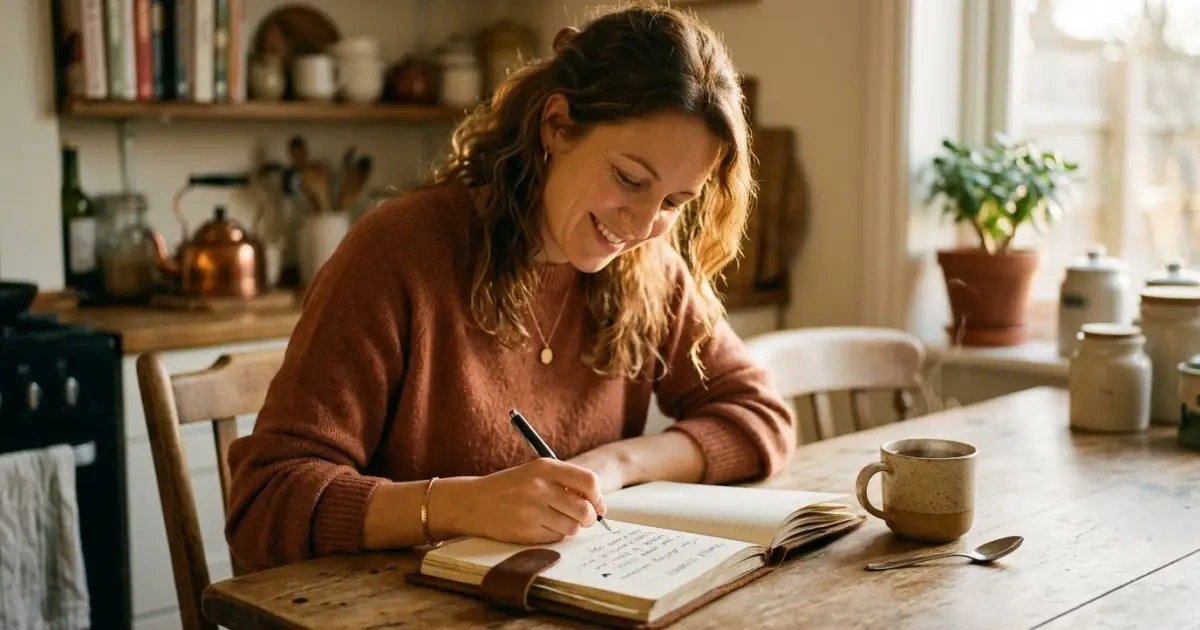 A mother writing in a journal, sketching out friendly nickname options for a name