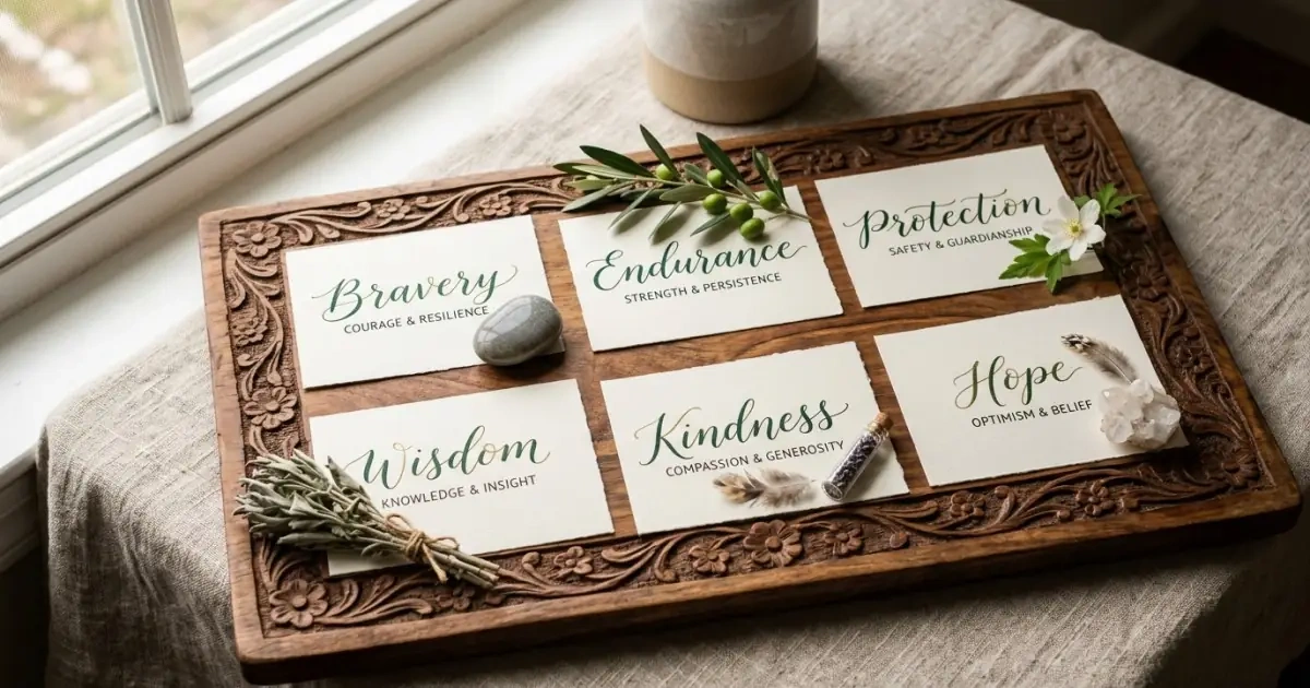 An informative infographic layout on wood displaying categories of names that mean strength