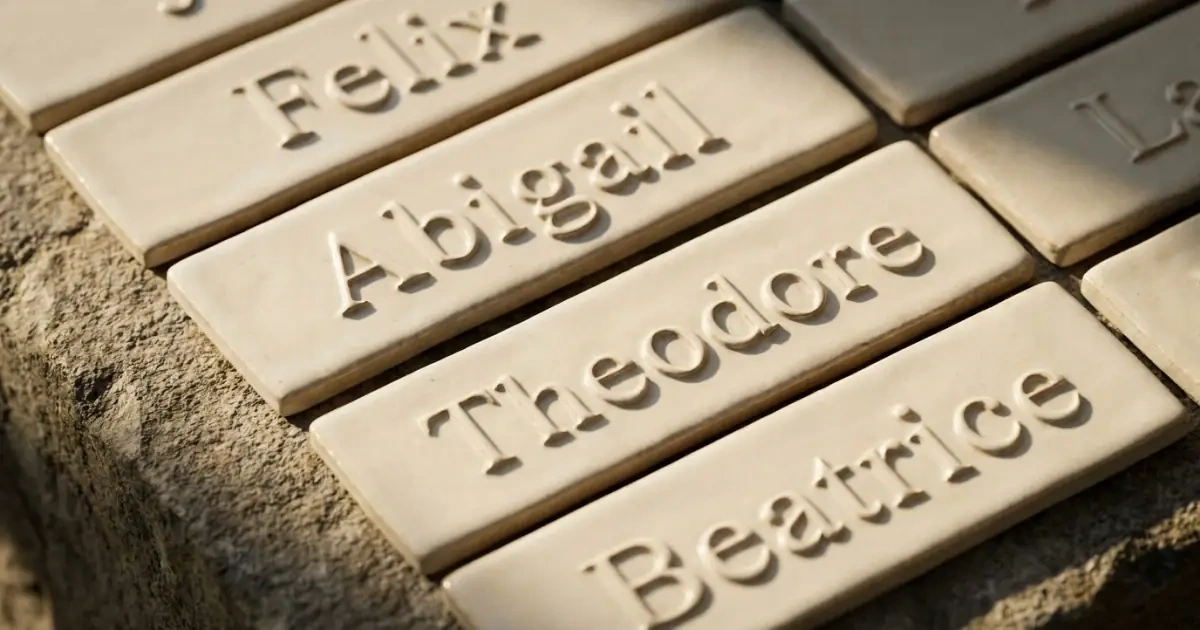 Dignified ceramic tiles displaying classic baby names with structured, joyful sounds.