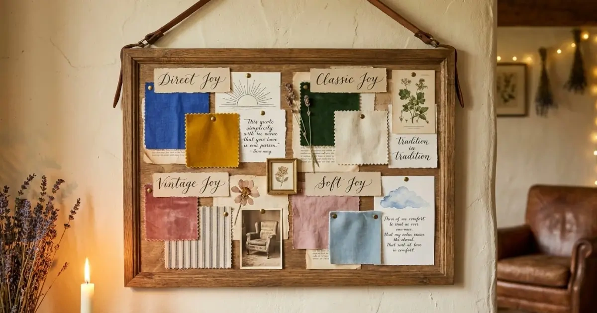An elegant home mood board displaying different style categories for joy-themed names.