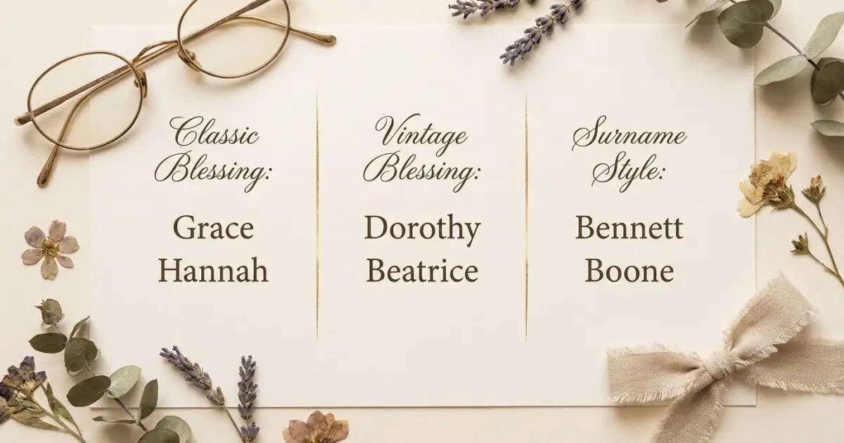 An elegant flat-lay infographic showcasing different style categories for names meaning divine gift