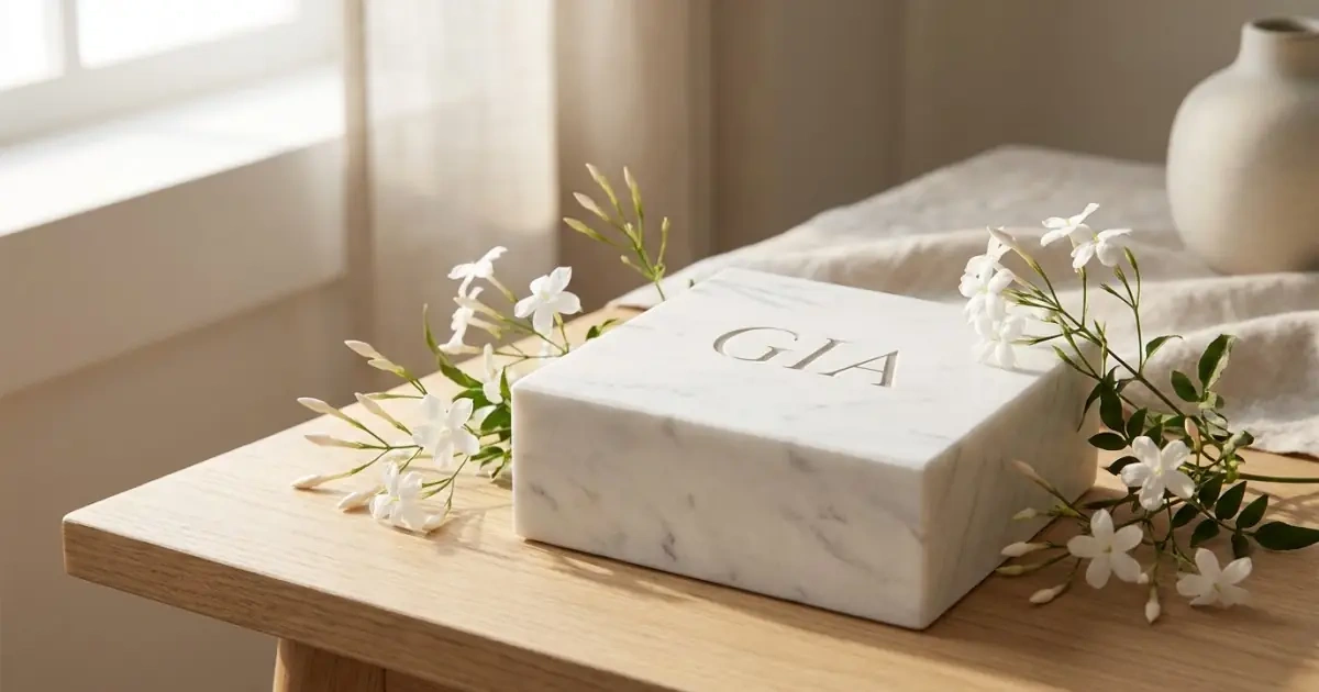 The name Gia engraved on a solid marble block surrounded by delicate flowers representing soft names meaning grace