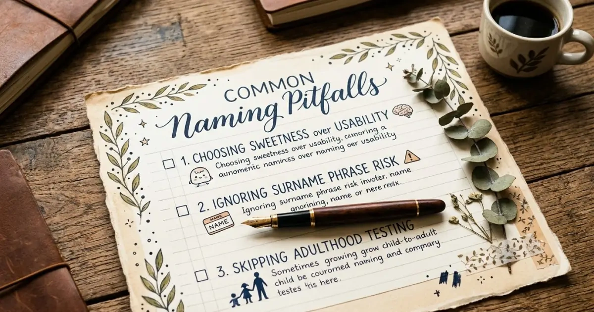 A hand-drawn scrapbook page infographic detailing common naming mistakes to avoid