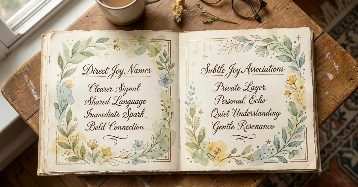 A beautifully handwritten scrapbook page comparing direct and subtle joyful name meanings.