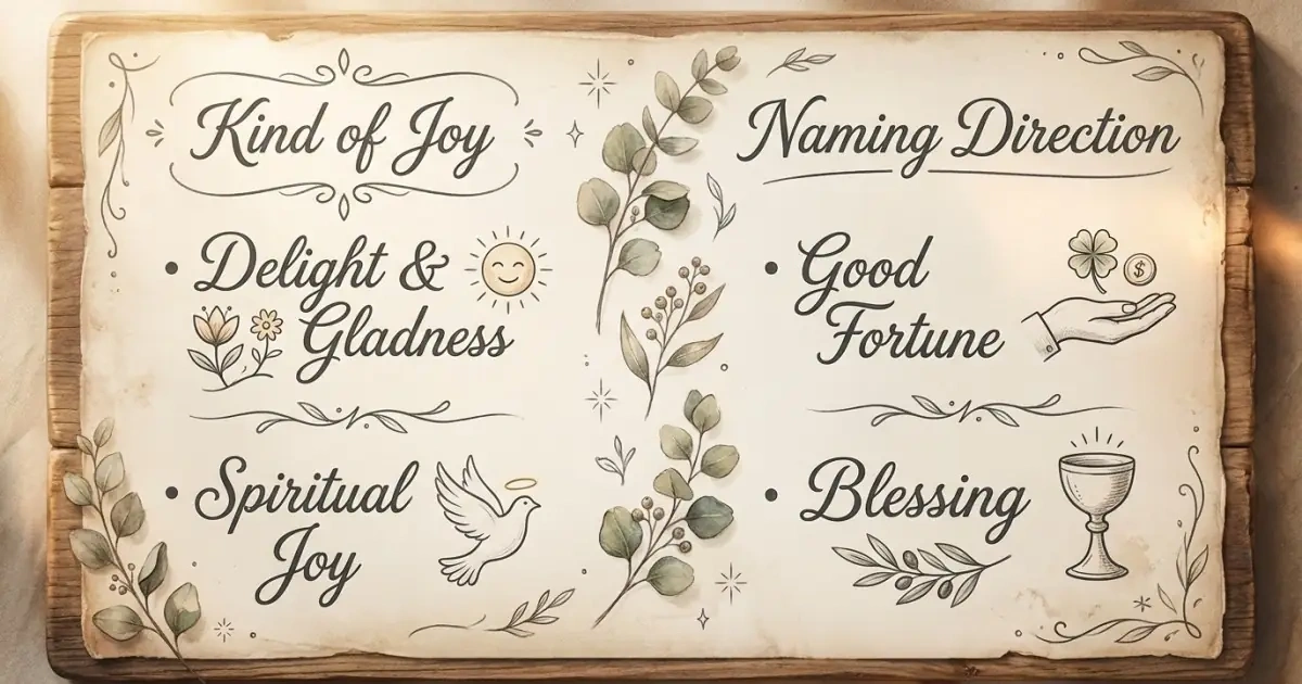 A rustic wooden infographic charting different types of joy meanings for naming directions.