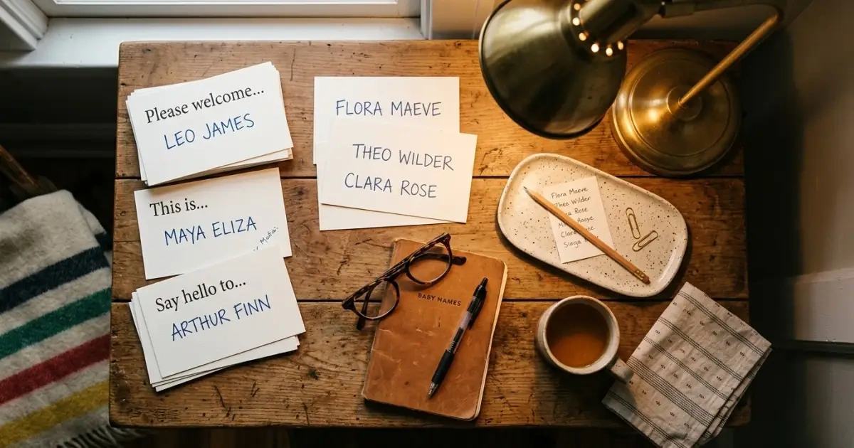 Printed name testing cards on a warm desk used for trying out names in real sentences