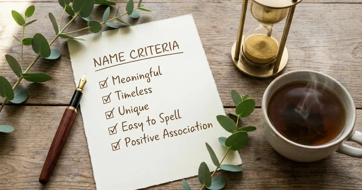 A checked list of name criteria on stationery next to a brass hourglass with flowing sand