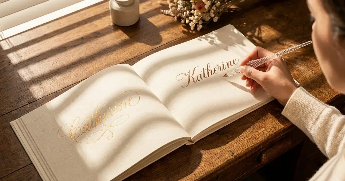 An open scrapbook showing a name written in two different spelling variants in calligraphy