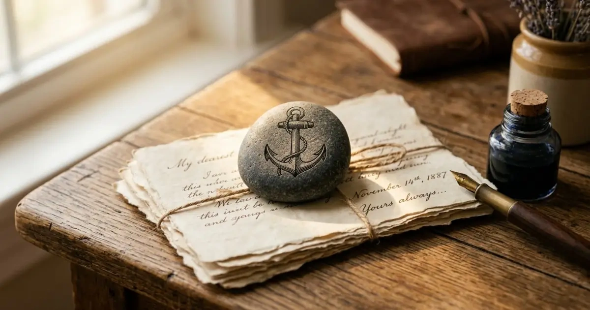 An engraved river stone resting on handwritten letters, representing a firm anchor for names that age well.
