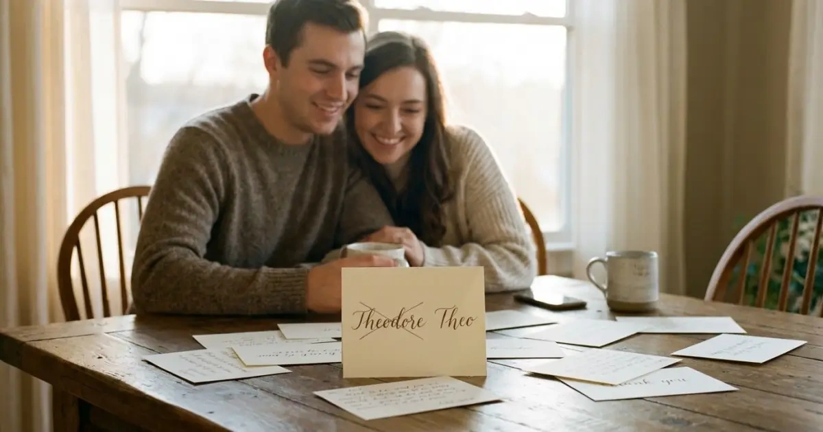 A young couple reviewing nickname options for names that mean blessing at a kitchen table